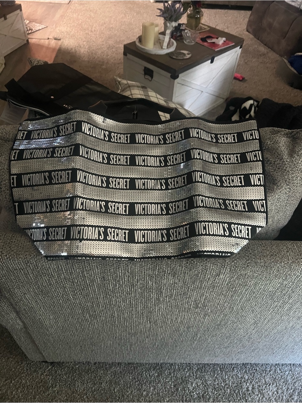 Victoria's Secret Black and Silver Sequin Logo Shopper Tote